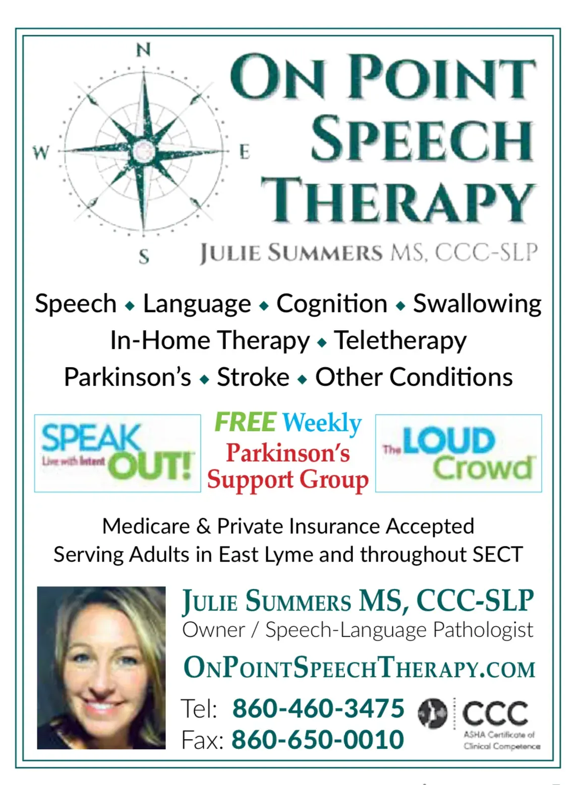 On Point Speech Therapy promotional flyer with services list and contact information