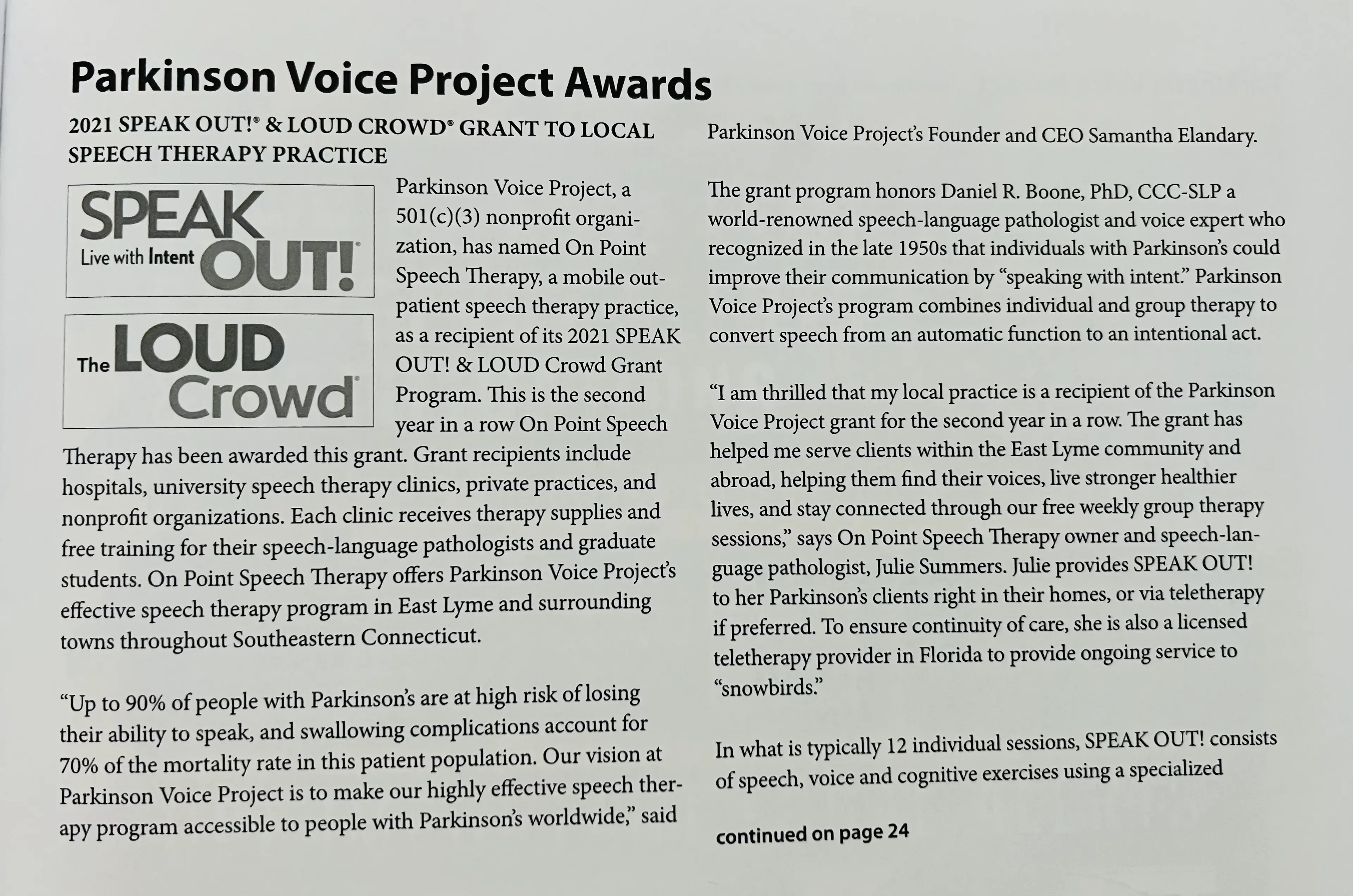 Newspaper article: Parkinson Voice Project Awards 2021 SPEAK OUT! grant to local speech therapy practice (page 1)