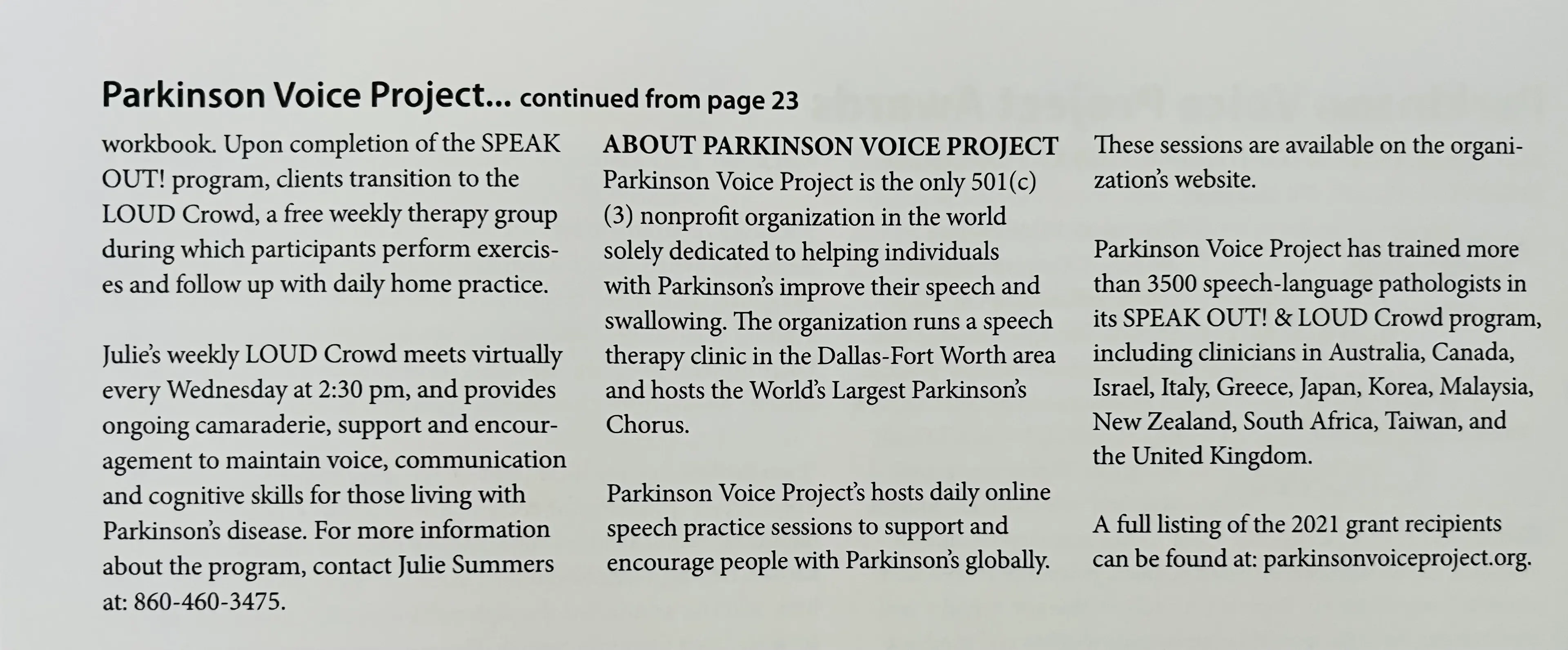 Newspaper article continued: details about Julie's weekly LOUD Crowd group and the Parkinson Voice Project organization